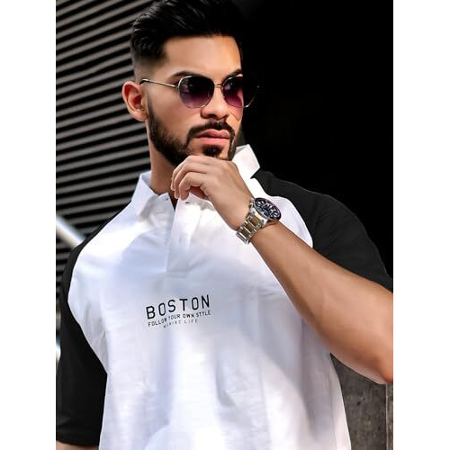 Maniac Mens Printed Raglan Polo Neck Half Sleeve White And Black Cotton Oversized T-Shirt