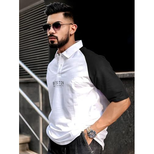 Maniac Mens Printed Raglan Polo Neck Half Sleeve White And Black Cotton Oversized T-Shirt