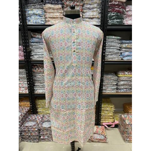 Foxdx Men's Cotton Blend Printed Long Kurta Suitable For All Indian Wedding, Occasions, And Festivals (Large, 08 White Chokadi)
