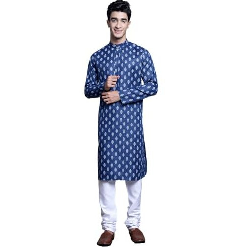 Jompers Men's Cotton Floral Printed Kurta Pyjama Set (Navy, L)