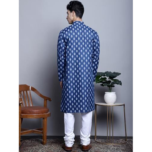 Jompers Men's Cotton Floral Printed Kurta Pyjama Set (Navy, L)