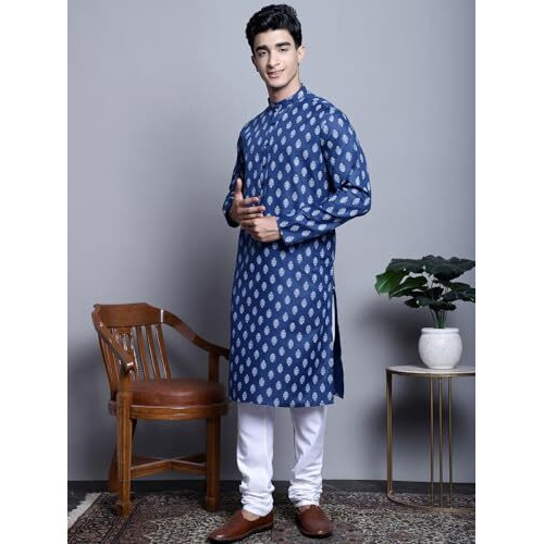 Jompers Men's Cotton Floral Printed Kurta Pyjama Set (Navy, L)