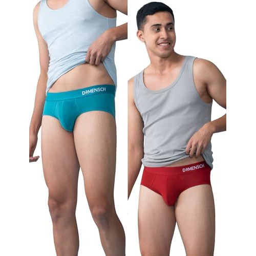 Damensch Men Deo-Soft Supima Modal Briefs-Pack Of 2-Tango Red, Ocean Depths-Large
