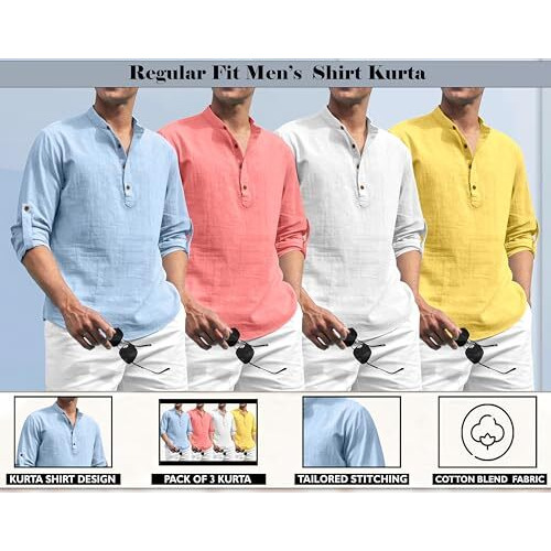 Zombom Combo Of Men's Solid Cotton Blend Full Sleeve Mandarin/Chinese Collor Straight Kurta Shirt (Pack Of 4)