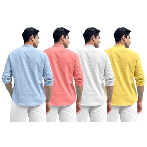 Zombom Combo Of Men's Solid Cotton Blend Full Sleeve Mandarin/Chinese Collor Straight Kurta Shirt (Pack Of 4)