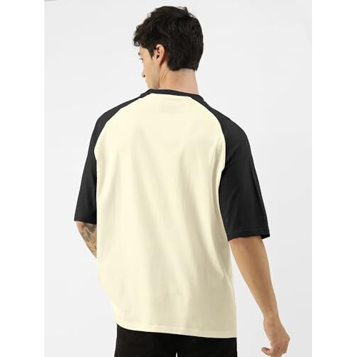 Maniac||Mens||Printed||Round Neck||Raglan||Half Sleeve||Beige & Black||Cotton||Oversized||Tshirt