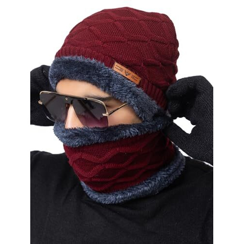 Amoldo Winter Woolen Unisex Knit Beanie Cap And Neck Warmer Set With Fur Lining | Hat And Scarf Soft And Warm Combo Set For Men And Women (In, Alpha, Free Size, Maroon, Beanie Neck Set With Gloves)