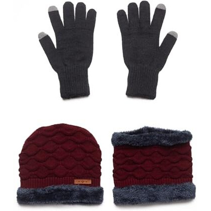 Amoldo Winter Woolen Unisex Knit Beanie Cap And Neck Warmer Set With Fur Lining | Hat And Scarf Soft And Warm Combo Set For Men And Women (In, Alpha, Free Size, Maroon, Beanie Neck Set With Gloves)