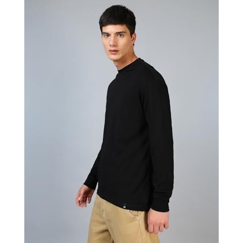 Bewakoof Men's Solid Black Round Neck Full Sleeve Oversized T-Shirt