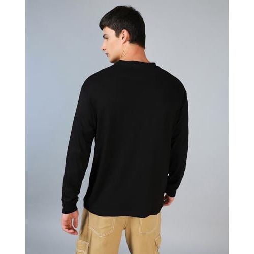 Bewakoof Men's Solid Black Round Neck Full Sleeve Oversized T-Shirt