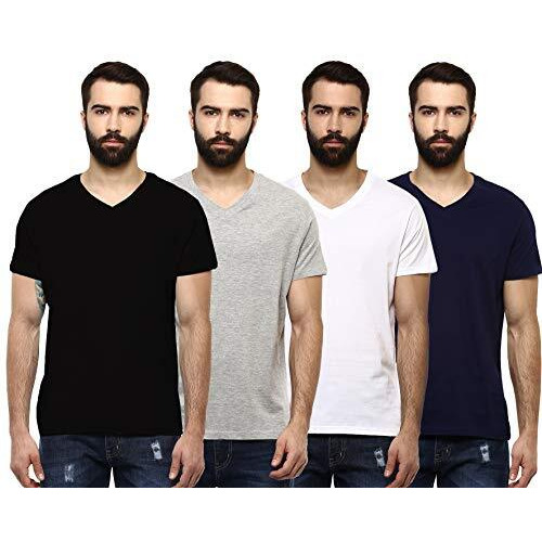 American Crew Men's Cotton Solid Regular Fit Half Sleeve V-Neck T-Shirt (Black, Navy, White And Grey Melange, Medium) - Pack Of 4