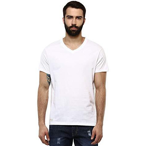 American Crew Men's Cotton Solid Regular Fit Half Sleeve V-Neck T-Shirt (Black, Navy, White And Grey Melange, Medium) - Pack Of 4