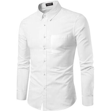 Mildin Men's Regular Cotton Blend White Slim Fit Solid Button Down Spread Collar Full Sleeve Curved Hemline Formal Shirt With One Pocket (Formal White - 44)