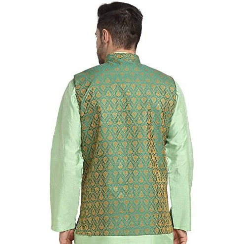 Kraft India Men Silk Blend Paisley Green Nehru Jacket Only, Size- Medium