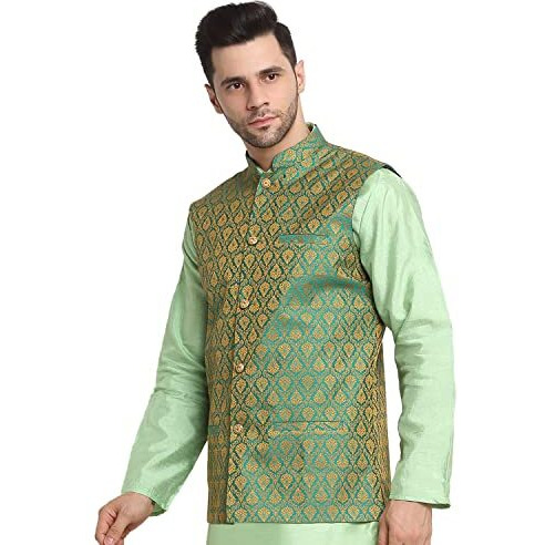 Kraft India Men Silk Blend Paisley Green Nehru Jacket Only, Size- Medium