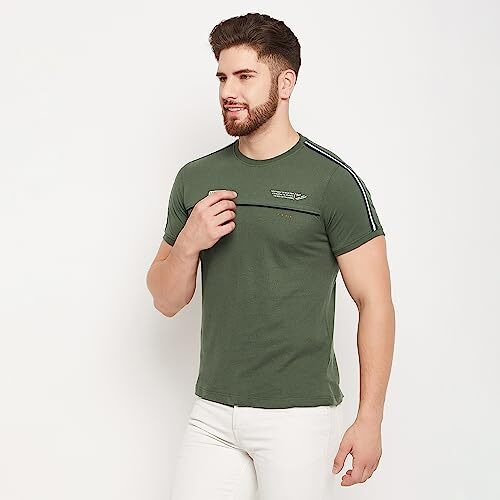 Cantabil Cotton Blend Olive Regular Fit Printed Round Neck Half Sleeve Casual T-Shirt For Men | Half Sleeves T-Shirts For Men | Mens Round Neck Printed T-Shirt (Mtsh00256_Olive_Xl)