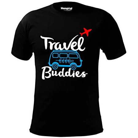 Hangout Hub Travel Buddies Cotton Round Neck Family T Shirts For Men's (Black|Pack Of 1|Men-Large)