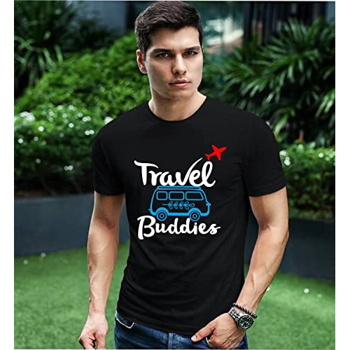 Hangout Hub Travel Buddies Cotton Round Neck Family T Shirts For Men's (Black|Pack Of 1|Men-Large)