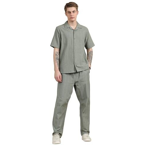 Stitchx MenS Textured Seersucker Resort Shirt & Trouser Co-Ord Set Olive Green