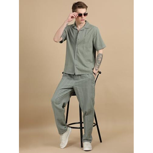 Stitchx MenS Textured Seersucker Resort Shirt & Trouser Co-Ord Set Olive Green