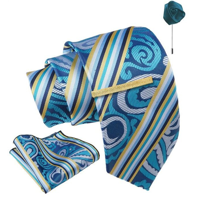 Axlon Teal Blue Striped Tie For Men  Formal Ties Set With Pocket Square, Cufflink, Tie Clip & Flower Pin With Gift Box For Mens (Axfbk39)