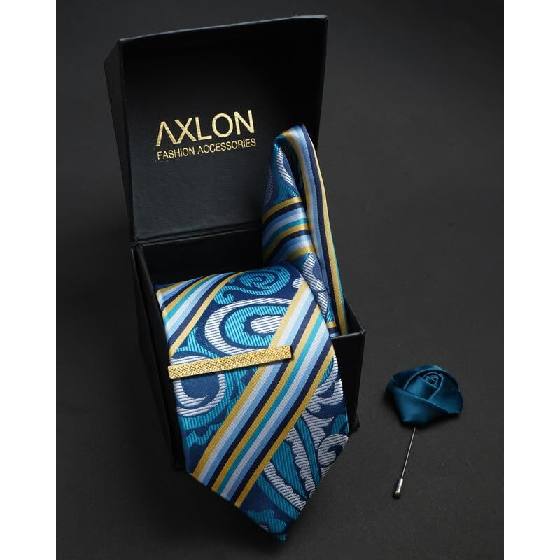 Axlon Teal Blue Striped Tie For Men  Formal Ties Set With Pocket Square, Cufflink, Tie Clip & Flower Pin With Gift Box For Mens (Axfbk39)
