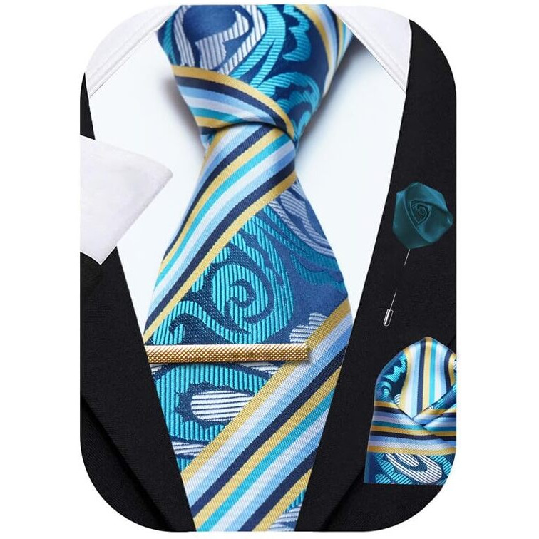 Axlon Teal Blue Striped Tie For Men  Formal Ties Set With Pocket Square, Cufflink, Tie Clip & Flower Pin With Gift Box For Mens (Axfbk39)