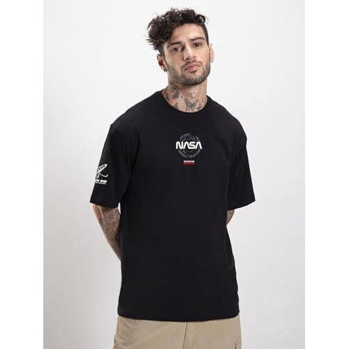 Bewakoof Official Nasa Merchandise Men's Graphic Print Oversized Fit Half Sleeve Round Neck Cotton T-Shirt