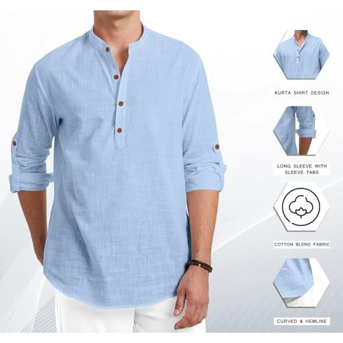 Royalscout Men Cotton Blend Full Sleeve Short Kurta Sky