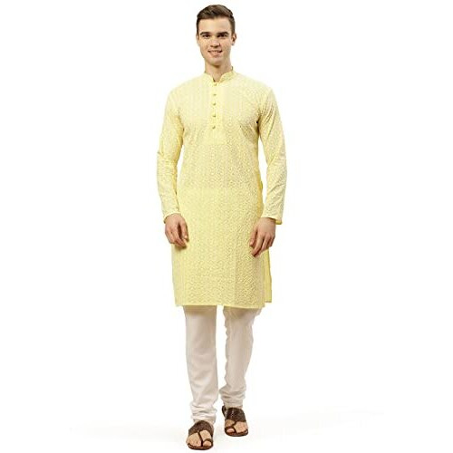 Jompers Men's Yellow & White Embroidered Straight Kurta Pyjama Set. (Yellow, L)
