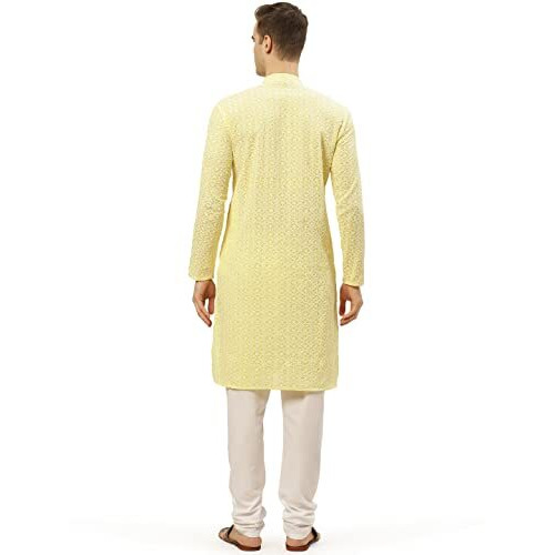 Jompers Men's Yellow & White Embroidered Straight Kurta Pyjama Set. (Yellow, L)