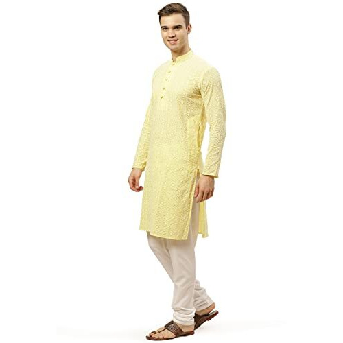 Jompers Men's Yellow & White Embroidered Straight Kurta Pyjama Set. (Yellow, L)