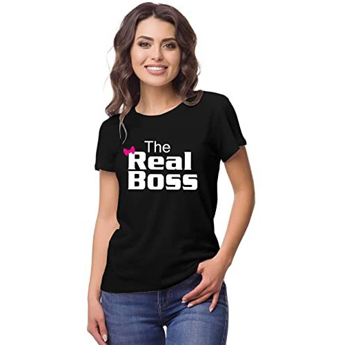 Hangout Hub Hangout-Hub505P Couple Tshirts For Couples | Printed | The Boss The Real Boss T-Shirts(BlackMen L, Women Xl) Men's And Women's Round Neck T-Shirt (Pack Of 2, Cotton)