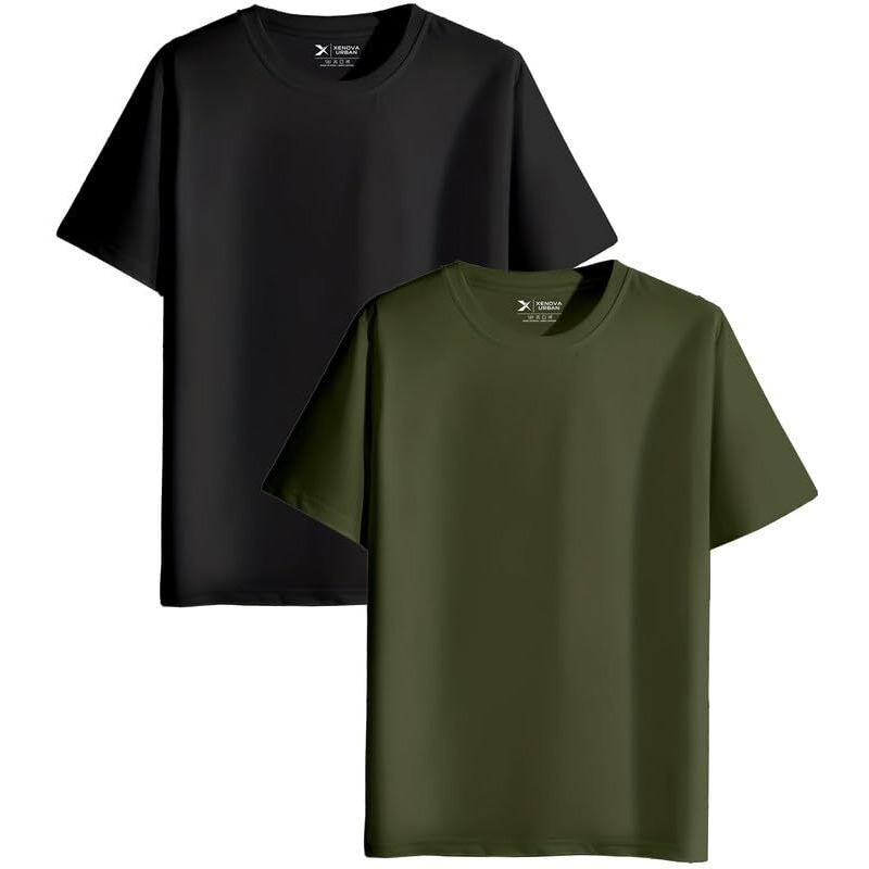Xenovaurban Unisex Regular Cotton Combo Of 2 Solid Black-Ogreen Color Tshirt, Size L
