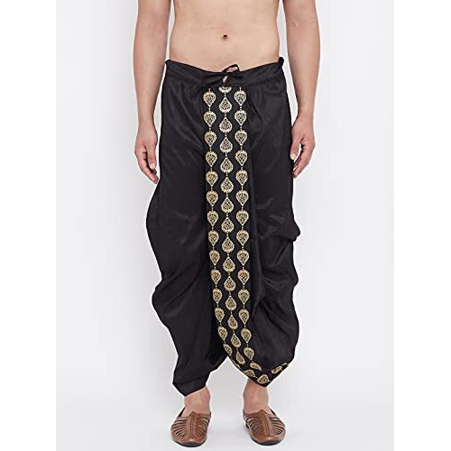 Vastramay Men's Black Silk Blend Embroidered Ethnic Dhoti(Gold_Free Size_Vasmdt005Bl)