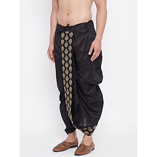 Vastramay Men's Black Silk Blend Embroidered Ethnic Dhoti(Gold_Free Size_Vasmdt005Bl)