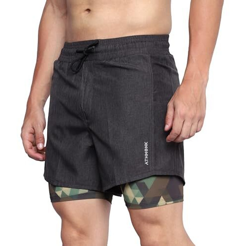 Athmonk Rapid Dry 2 In 1 Hybrid Running Shorts Tights For Men With Hidden Phone Zipper Pocket, Printed Liner - For Sports Gym Workout Long Distance - 7 Inch Inseam - Compression Fit (Green, Medium)