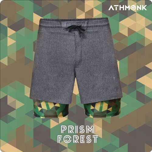 Athmonk Rapid Dry 2 In 1 Hybrid Running Shorts Tights For Men With Hidden Phone Zipper Pocket, Printed Liner - For Sports Gym Workout Long Distance - 7 Inch Inseam - Compression Fit (Green, Medium)