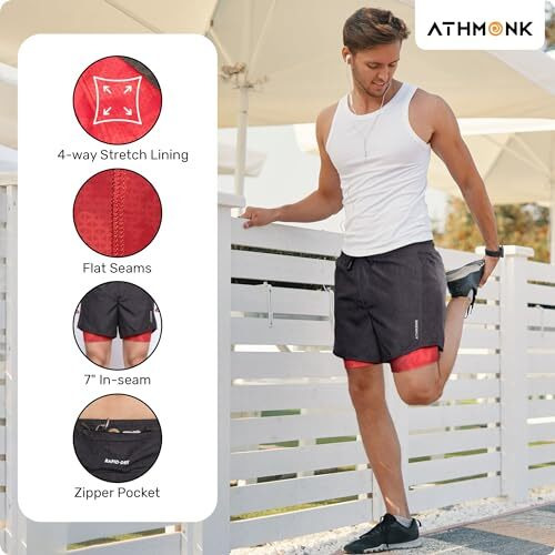 Athmonk Rapid Dry 2 In 1 Hybrid Running Shorts Tights For Men With Hidden Phone Zipper Pocket, Printed Liner - For Sports Gym Workout Long Distance - 7 Inch Inseam - Compression Fit (Green, Medium)