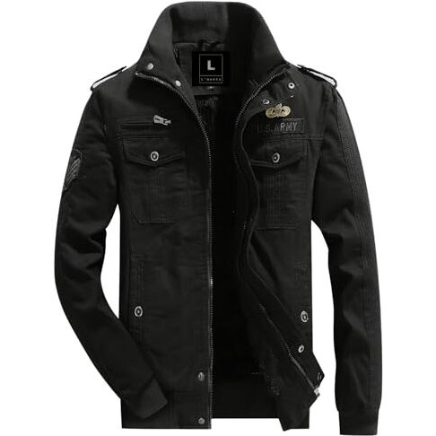 L'Monte Men's Imported Tactical Military-Style Cotton Winter Cargo Jacket Standard Length Fleece Lining, Secure Pockets, Windproof Design, And Warm Durable Outdoor Coat (L, Black)