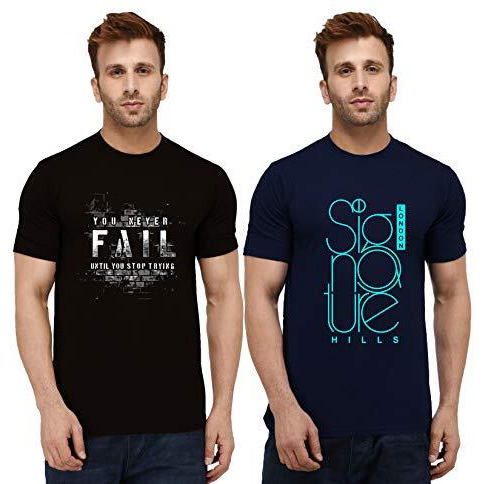 London Hills Solid Men Half Sleeve Round Neck Cotton Blend Printed Regular Fit T-Shirt (Pack Of 2) Black, Dark Blue, 2Xl