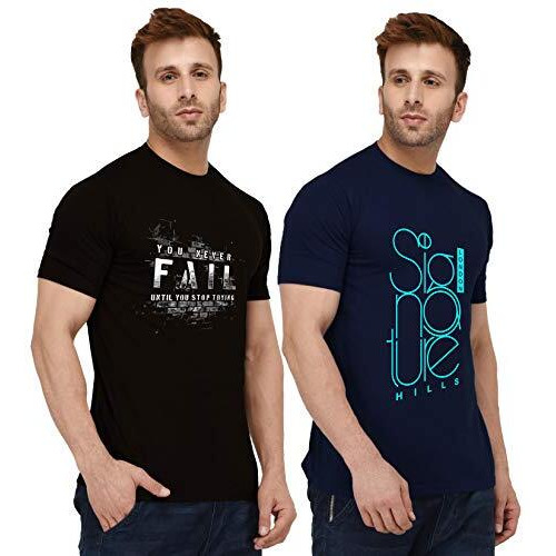 London Hills Solid Men Half Sleeve Round Neck Cotton Blend Printed Regular Fit T-Shirt (Pack Of 2) Black, Dark Blue, 2Xl