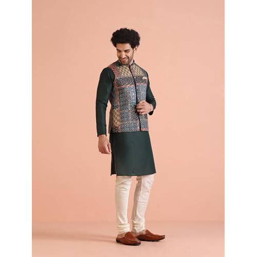 Kisah Men's Ethnic Wear Regular Fit Printed Cotton Blend Multi-Green Nehru Jacket-40