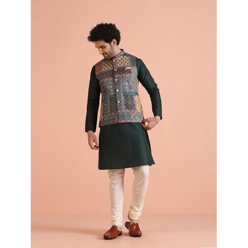 Kisah Men's Ethnic Wear Regular Fit Printed Cotton Blend Multi-Green Nehru Jacket-40