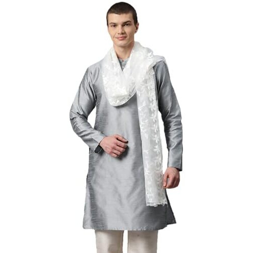 Weavers Villa Net Floral White Net Embroided Dupatta For Men (2.20 Mtrs)