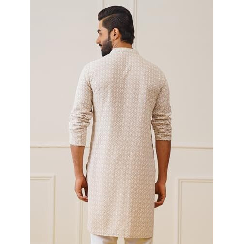 Jompers Mens Beige Sequin Embroidered Pure Cotton Kurtas (Beige, M)