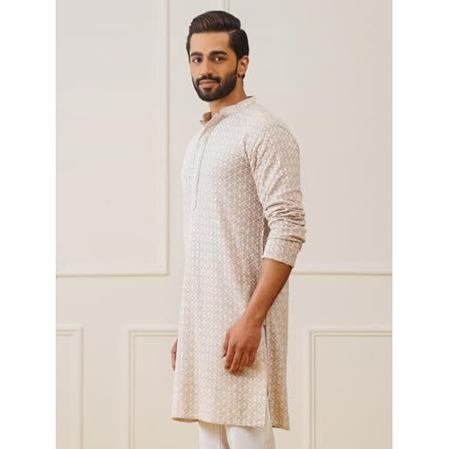 Jompers Mens Beige Sequin Embroidered Pure Cotton Kurtas (Beige, M)