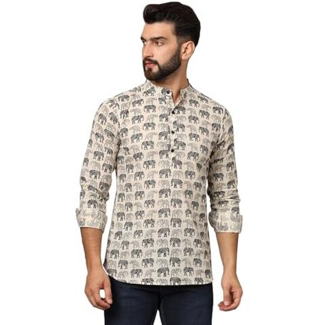 Japer Kurti Mens Cotton Cream Color Elephant Print Full Sleeves Short Kurta (Size-L)