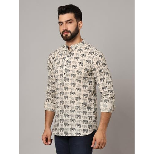 Japer Kurti Mens Cotton Cream Color Elephant Print Full Sleeves Short Kurta (Size-L)