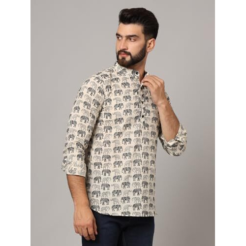 Japer Kurti Mens Cotton Cream Color Elephant Print Full Sleeves Short Kurta (Size-L)